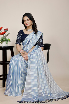 SAADHYA CREATION Striped Bollywood Chiffon Saree(Light Blue)