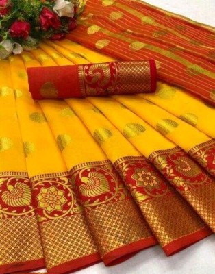 Pionex Woven Banarasi Cotton Silk Saree(Yellow)