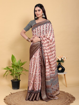 PK SAREES Printed Kalamkari Linen Saree(Multicolor)