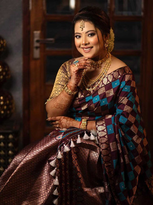 Sheden Lopez Creation Woven Mekhela Chador Silk Blend Saree(Brown, Blue)