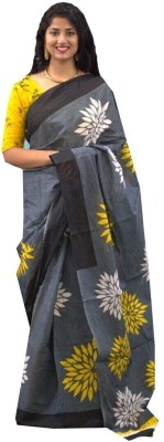 MAYAK HANDLOOM Printed, Blocked Printed, Hand Painted Bandhani Pure Cotton Saree(Grey, Yellow)