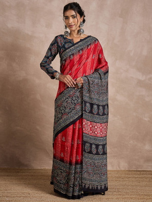 ANOUK Printed Hand Batik Viscose Rayon Saree(Red)