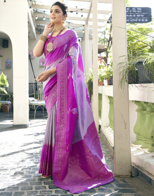 Samah Woven, Self Design Banarasi Silk Blend Saree(Purple, Gold)