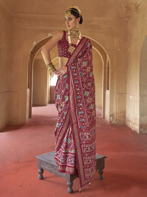 Elora Printed Patola Silk Blend Saree(Maroon)