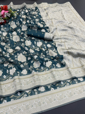aarohicreation Woven Bollywood Tissue Saree(Dark Blue, White)