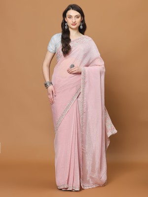 Meena Bazaar Embroidered Bollywood Georgette Saree(Pink)