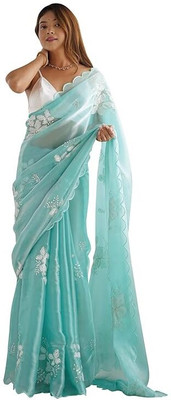RAGISHA ENTERPRISE Embroidered, Floral Print Bollywood Jimmy choo, Organza Saree(Light Blue)