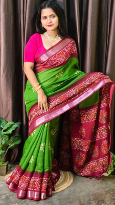 Suto Printed, Floral Print Bandhani Linen Saree(Green)