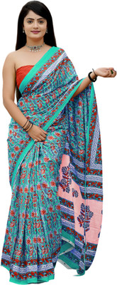 HMP Fashion Printed Ikkat Cotton Blend Saree(Green)