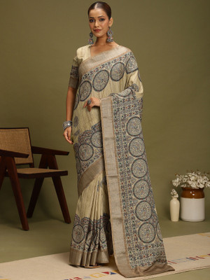 Sareemall Digital Print Hand Batik Satin, Silk Blend Saree(Beige)