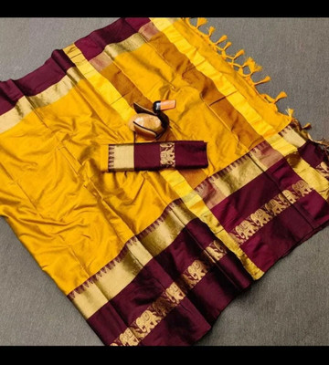 Shruti Bandhani Printed Banarasi Handloom Cotton Silk Saree(Maroon, Yellow)