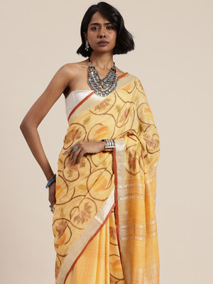 Taavi Self Design Handloom Pure Cotton Saree(Yellow)