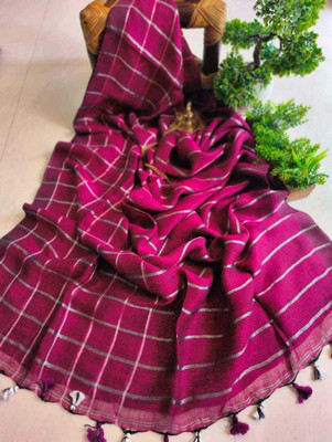 sahatextiledam Checkered Handloom Linen Saree(Pink)