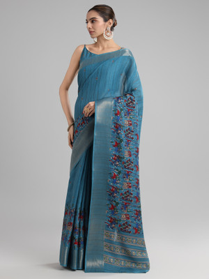 Anouk Rustic Printed Jamdani Tussar Silk Saree(Blue)