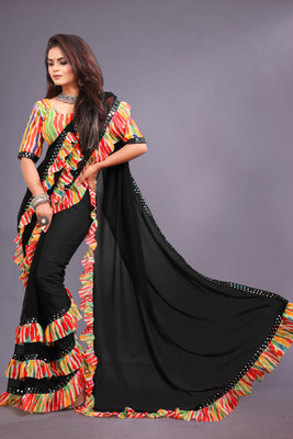 KESARI Striped, Printed, Solid/Plain Bollywood Georgette Saree(Black)