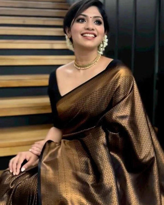KANGLI Woven Banarasi Cotton Silk Saree(Black, Gold)