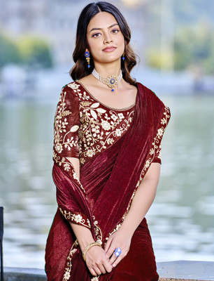 Sinauli Solid/Plain, Embellished Bollywood Velvet, Cotton Silk Saree(Maroon)