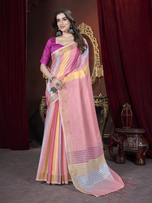 Vichitra Woven, Self Design Handloom Pure Cotton, Jacquard Saree(Pink)