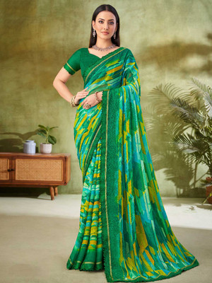 Tasrika Floral Print, Geometric Print, Digital Print, Printed Bollywood Chiffon Saree(Green)