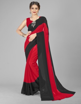 Anand Sarees Ombre, Striped Bollywood Georgette Saree(Red, Black)