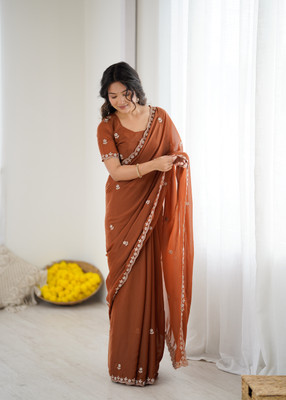 HMP Fashion Embroidered, Floral Print Bollywood Georgette Saree(Brown)