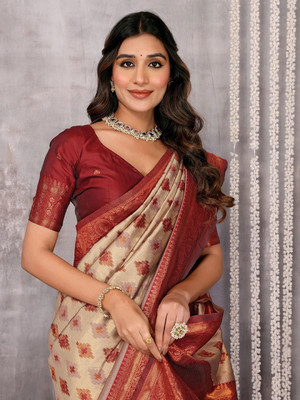 Janasya Woven, Self Design Kanjivaram Silk Blend Saree(Beige)