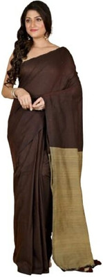 zayraa Solid/Plain Daily Wear Cotton Blend Saree(Brown, Grey)