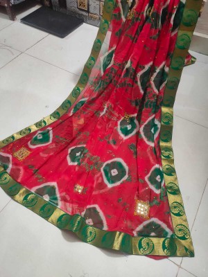 EMMANUEL TRADERS Self Design, Digital Print, Printed, Embellished, Temple Border Bandhani Chiffon Saree(Green)