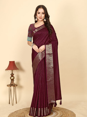 HouseOfCommon Checkered Assam Silk Art Silk Saree(Maroon)
