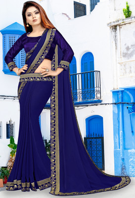 HNC Retail Temple Border, Solid/Plain Bollywood Lycra Blend, Chiffon Saree(Blue)