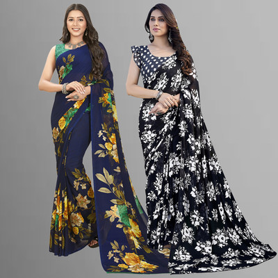 kashvi sarees Floral Print Daily Wear Georgette Saree(Pack of 2, Dark Blue, Black)