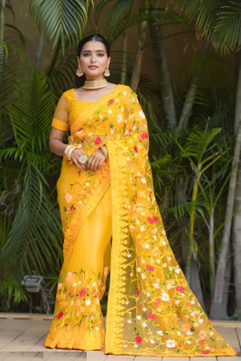 Aika Embroidered Bollywood Net Saree(Yellow)