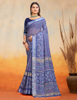 Mervadiya Printed Kanjivaram Pure Cotton, Cotton Linen Saree(Blue)