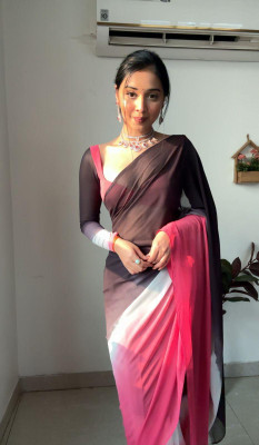 ANUVRATA Printed Saree with Attached Blouse Georgette Saree(Black, Pink)