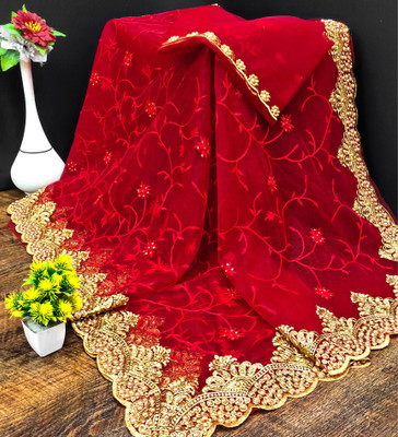 KHRITI FAB Embroidered Bollywood Net Saree(Red)