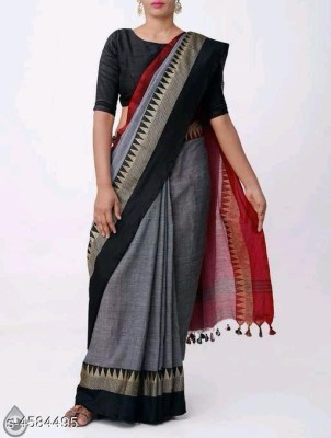 Sthaker Woven Tant Pure Cotton Saree(Grey, Red, Black)