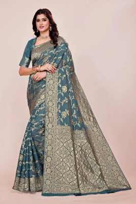 DHAYNAAND REEWA FASHION Floral Print, Woven Kalamkari Jacquard Saree(Grey)