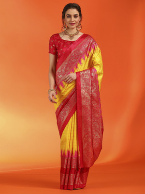 Sareemall Printed Pochampally Silk Blend Saree(Yellow)