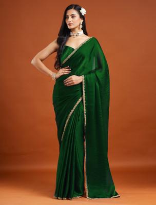 LOROFY Embellished Bollywood Tissue, Silk Blend Saree(Dark Green)