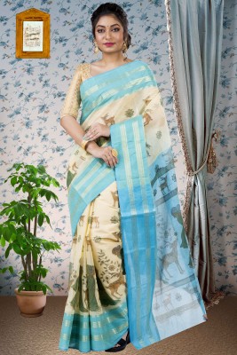 PuJoy Printed, Woven Tant Pure Cotton Saree(Light Blue)