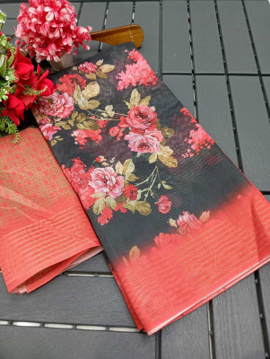 HouseOfCommon Printed Kanjivaram Chanderi, Cotton Silk Saree(Black, Red)