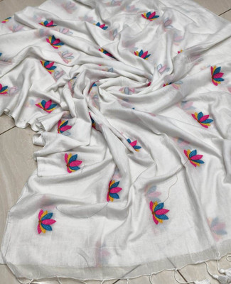Anidipta collection Embroidered Handloom Cotton Blend Saree(White)