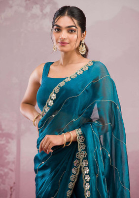 KOSKII Embellished Bollywood Tissue Saree(Blue)