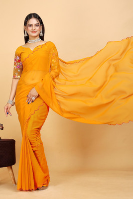 SAADHYA CREATION Embroidered, Solid/Plain Bollywood Georgette Saree(Yellow)