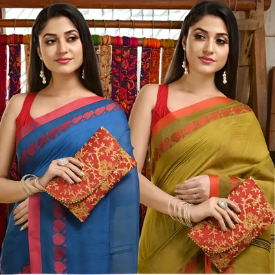 dB DESH BIDESH Solid/Plain, Woven Handloom Cotton Silk, Pure Cotton Saree(Pack of 2, Blue, Light Green)