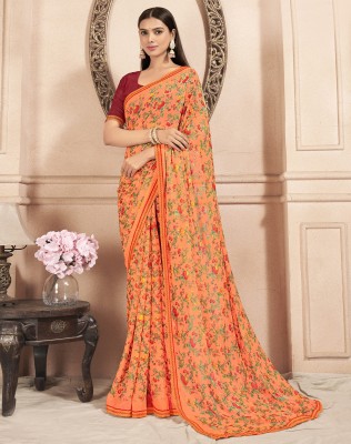 SIRIL Floral Print, Embellished, Printed Bollywood Chiffon Saree(Orange, Multicolor)