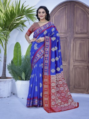 Sindharat Fashion Woven Kanjivaram Cotton Silk Saree(Blue)