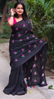 ANU INDIAN FASHION Embroidered Handloom Cotton Blend Saree(Black)