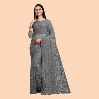 nexxxa Embroidered Bollywood Net Saree(Grey)