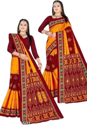 Sumit Textiles Digital Print Sambalpuri Cotton Blend Saree(Orange)